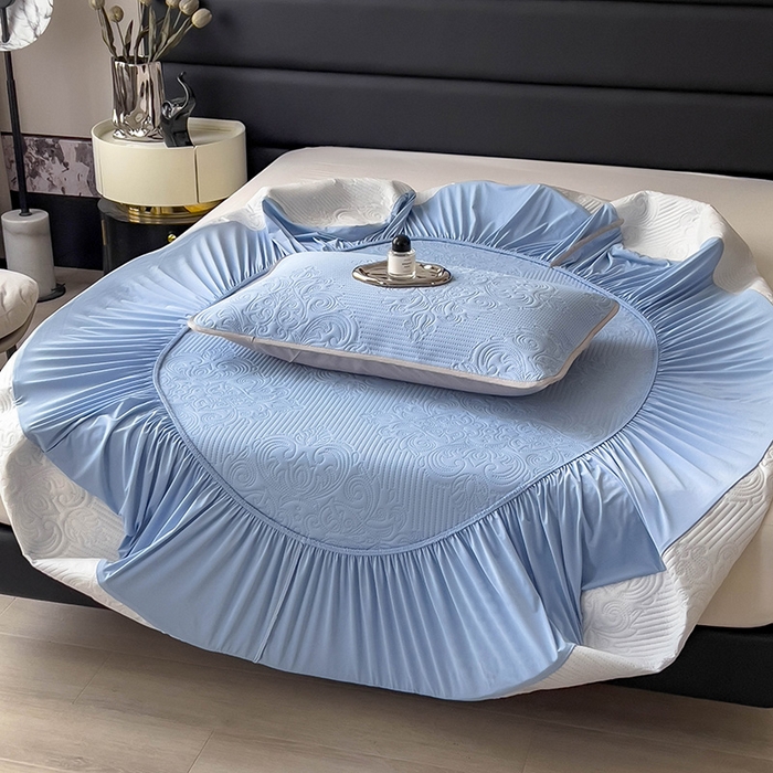 91家纺网 家纺一手货源 找家纺 乐家欣 2026新款凉感欧式夏被床笠四件套 欧式床笠-宾利蓝