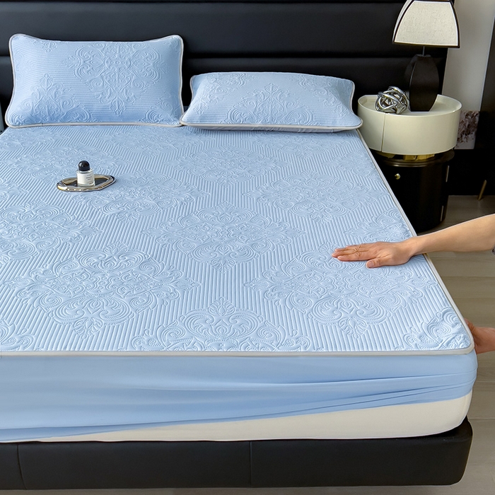 91家纺网 家纺一手货源 找家纺 乐家欣 2026新款凉感欧式夏被床笠四件套 欧式床笠-宾利蓝