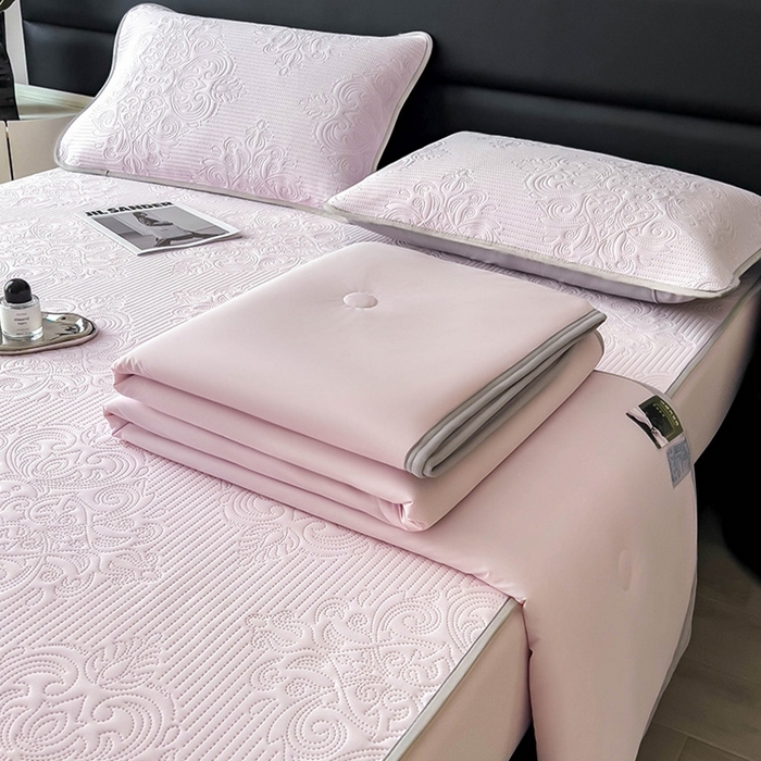 91家纺网 家纺一手货源 找家纺 乐家欣 2026新款凉感欧式夏被床笠四件套 欧式床笠-蜜桃粉