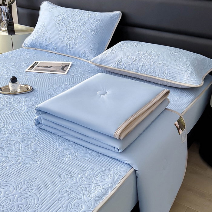 91家纺网 家纺一手货源 找家纺 乐家欣 2026新款凉感欧式夏被床笠四件套 欧式床笠-宾利蓝