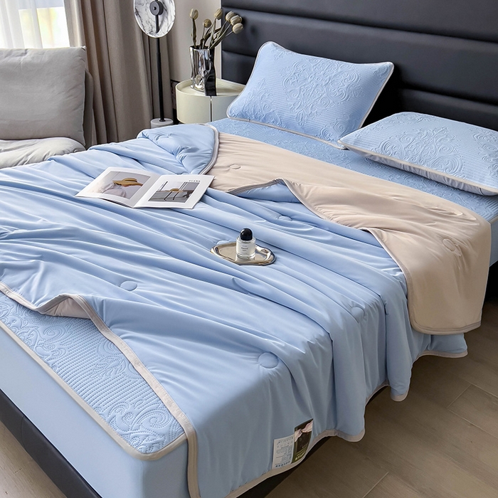 91家纺网 家纺一手货源 找家纺 乐家欣 2026新款凉感欧式夏被床笠四件套 欧式床笠-宾利蓝