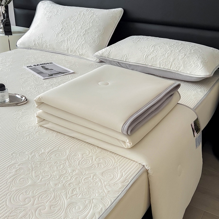 91家纺网 家纺一手货源 找家纺 乐家欣 2026新款凉感欧式夏被床笠四件套 欧式床笠-奶昔白