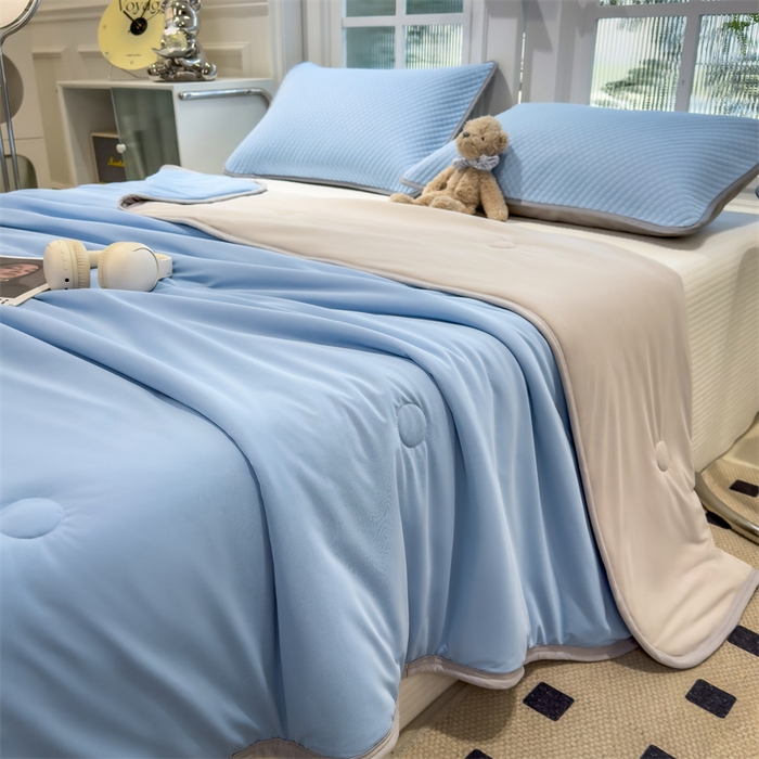 91家纺网 家纺一手货源 找家纺 乐家欣 2026新款凉感欧式夏被床笠四件套 凉感夏被-宾利蓝