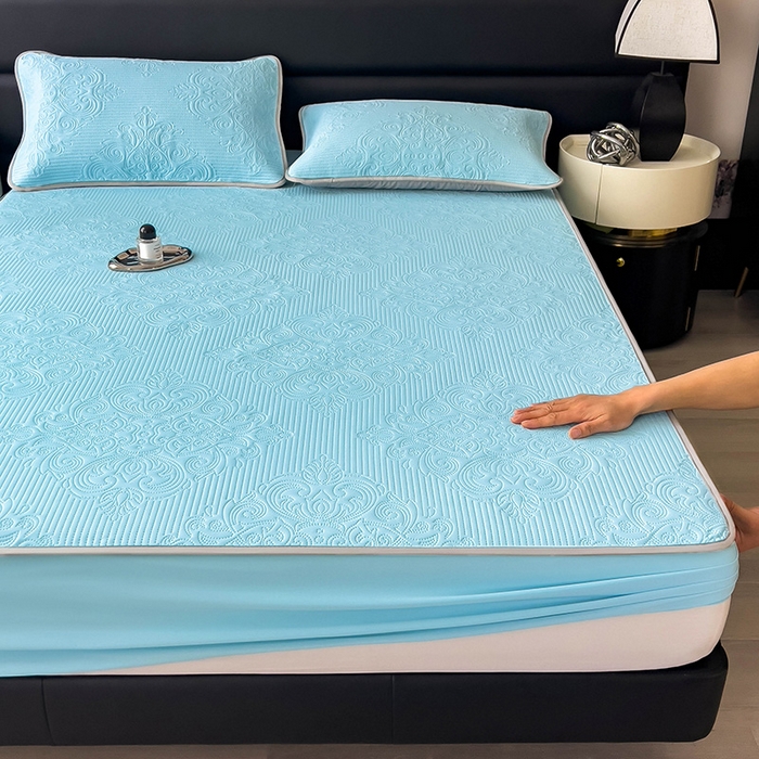 91家纺网 家纺一手货源 找家纺 乐家欣 2026新款凉感欧式夏被床笠四件套 欧式床笠-清水蓝