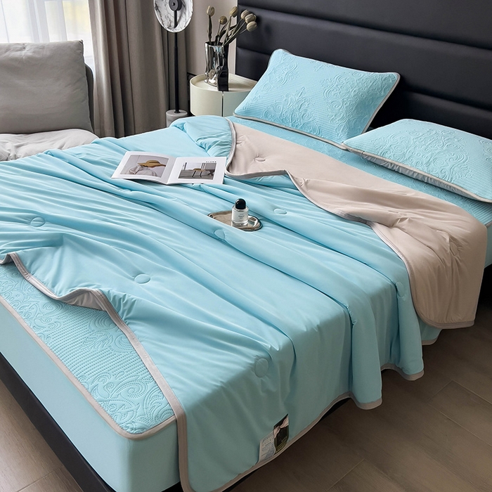 91家纺网 家纺一手货源 找家纺 乐家欣 2026新款凉感欧式夏被床笠四件套 欧式床笠-清水蓝