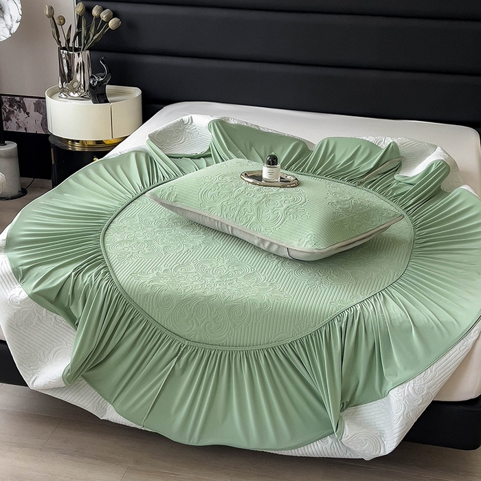 91家纺网 家纺一手货源 找家纺 乐家欣 2026新款凉感欧式夏被床笠四件套 欧式床笠-松绿