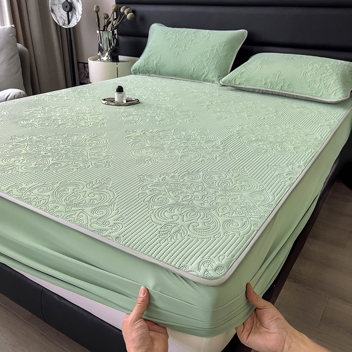 91家纺网 家纺一手货源 找家纺 乐家欣 2026新款凉感欧式夏被床笠四件套 欧式床笠-松绿