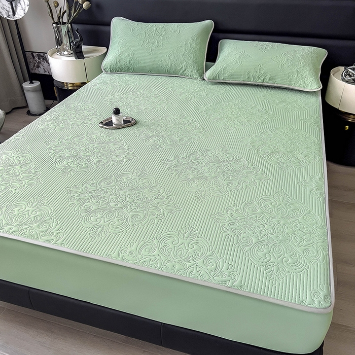 91家纺网 家纺一手货源 找家纺 乐家欣 2026新款凉感欧式夏被床笠四件套 欧式床笠-松绿