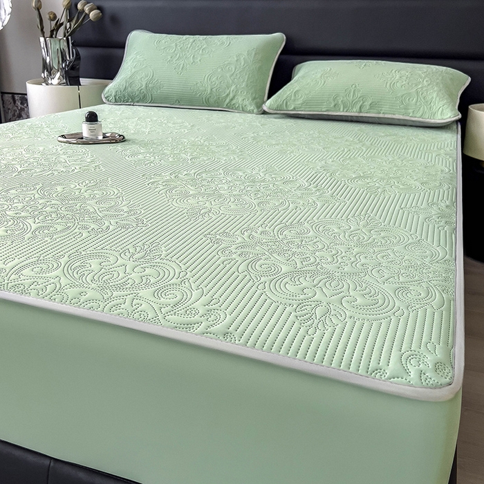 91家纺网 家纺一手货源 找家纺 乐家欣 2026新款凉感欧式夏被床笠四件套 欧式床笠-松绿