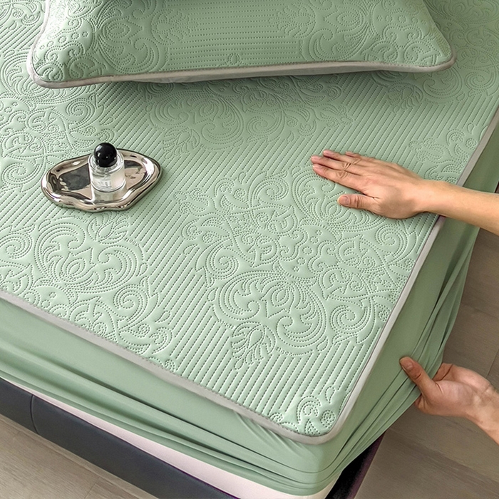 91家纺网 家纺一手货源 找家纺 乐家欣 2026新款凉感欧式夏被床笠四件套 欧式床笠-松绿