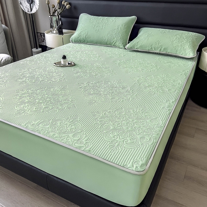 91家纺网 家纺一手货源 找家纺 乐家欣 2026新款凉感欧式夏被床笠四件套 欧式床笠-松绿