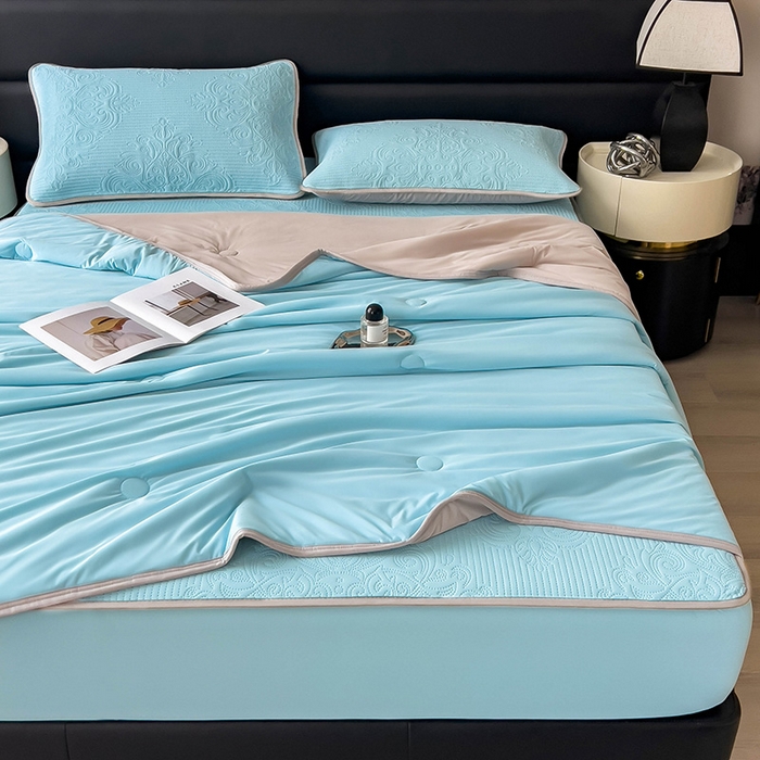 91家纺网 家纺一手货源 找家纺 乐家欣 2026新款凉感欧式夏被床笠四件套 欧式床笠-清水蓝