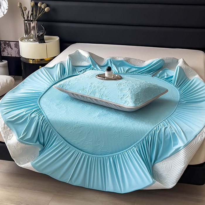 91家纺网 家纺一手货源 找家纺 乐家欣 2026新款凉感欧式夏被床笠四件套 欧式床笠-清水蓝