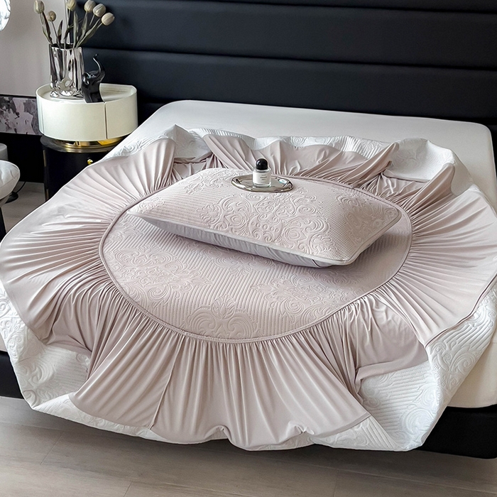 91家纺网 家纺一手货源 找家纺 乐家欣 2026新款凉感欧式夏被床笠四件套 欧式床笠-浅灰