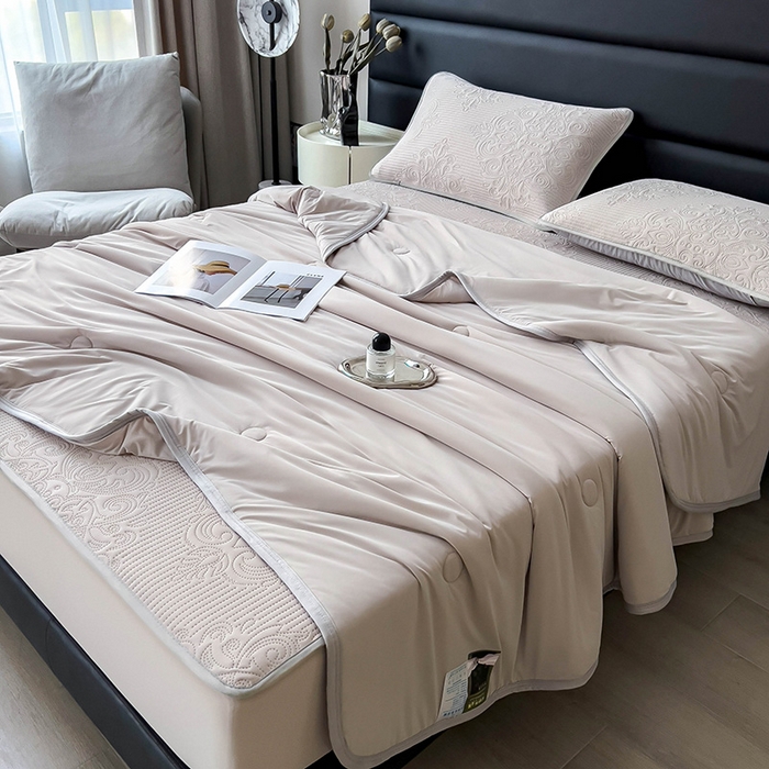 91家纺网 家纺一手货源 找家纺 乐家欣 2026新款凉感欧式夏被床笠四件套 欧式床笠-浅灰