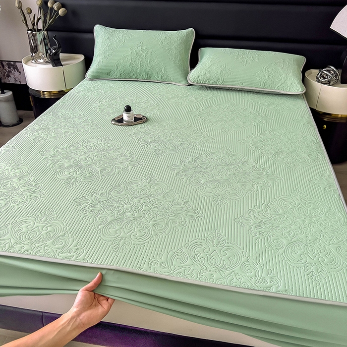 91家纺网 家纺一手货源 找家纺 乐家欣 2026新款凉感欧式夏被床笠四件套 欧式床笠-松绿