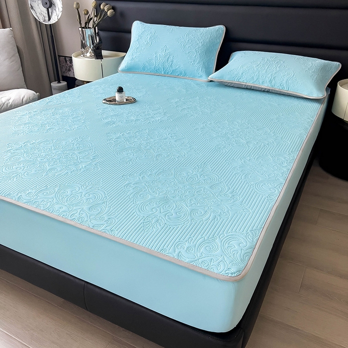 91家纺网 家纺一手货源 找家纺 乐家欣 2026新款凉感欧式夏被床笠四件套 欧式床笠-清水蓝