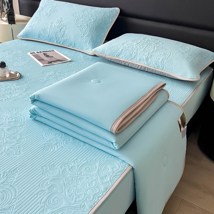 91家纺网 家纺一手货源 找家纺 乐家欣 2026新款凉感欧式夏被床笠四件套 欧式床笠-清水蓝