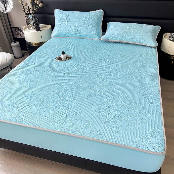 91家纺网 家纺一手货源 找家纺 乐家欣 2026新款凉感欧式夏被床笠四件套 欧式床笠-清水蓝