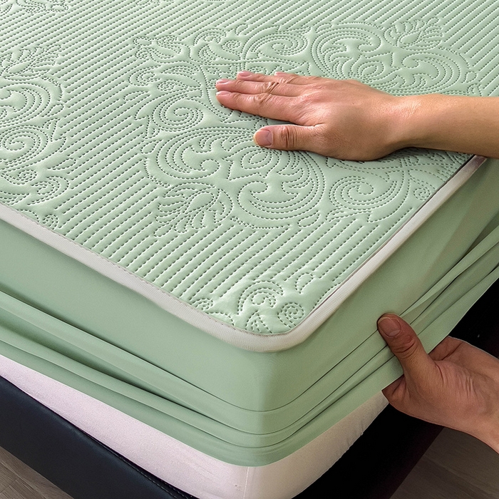 91家纺网 家纺一手货源 找家纺 乐家欣 2026新款凉感欧式夏被床笠四件套 欧式床笠-松绿