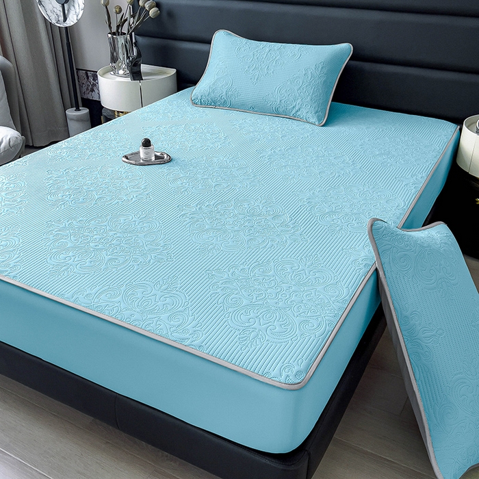 91家纺网 家纺一手货源 找家纺 乐家欣 2026新款凉感欧式夏被床笠四件套 欧式床笠-清水蓝