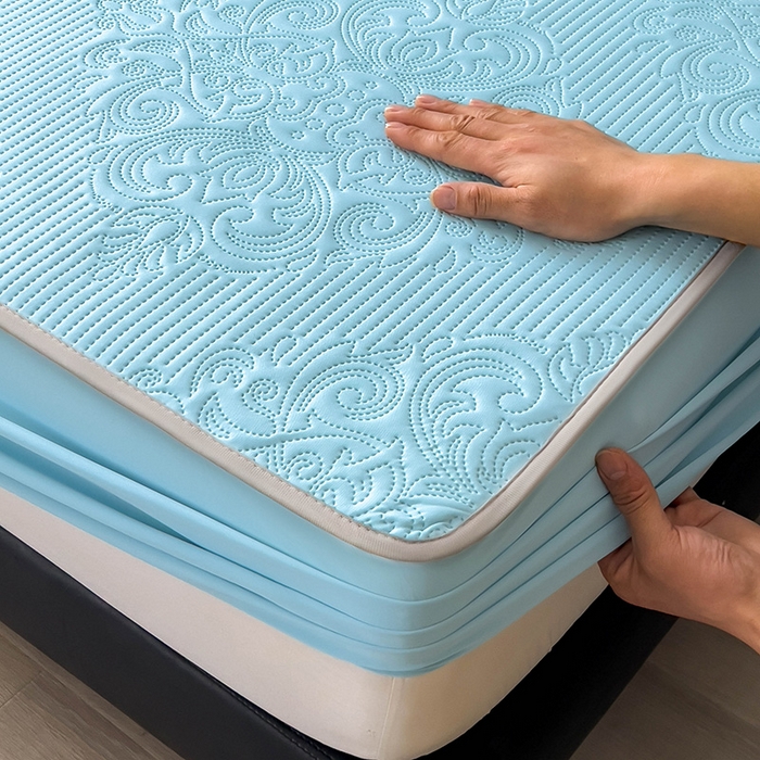 91家纺网 家纺一手货源 找家纺 乐家欣 2026新款凉感欧式夏被床笠四件套 欧式床笠-清水蓝