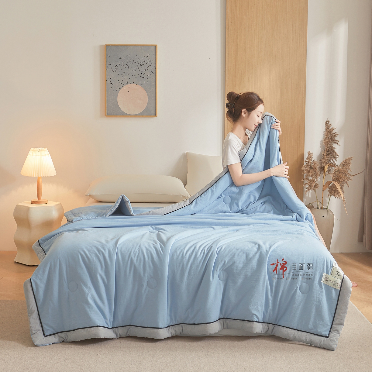 91家纺网 家纺一手货源 找家纺 创优家纺 2026新款新疆棉花夏被无印风纯色100%新疆棉夏凉被空调被棉花夏被棉花被子百分百新疆棉可水洗/可机洗棉花被（专版烫画 盗版必究） 棉朵-蓝色