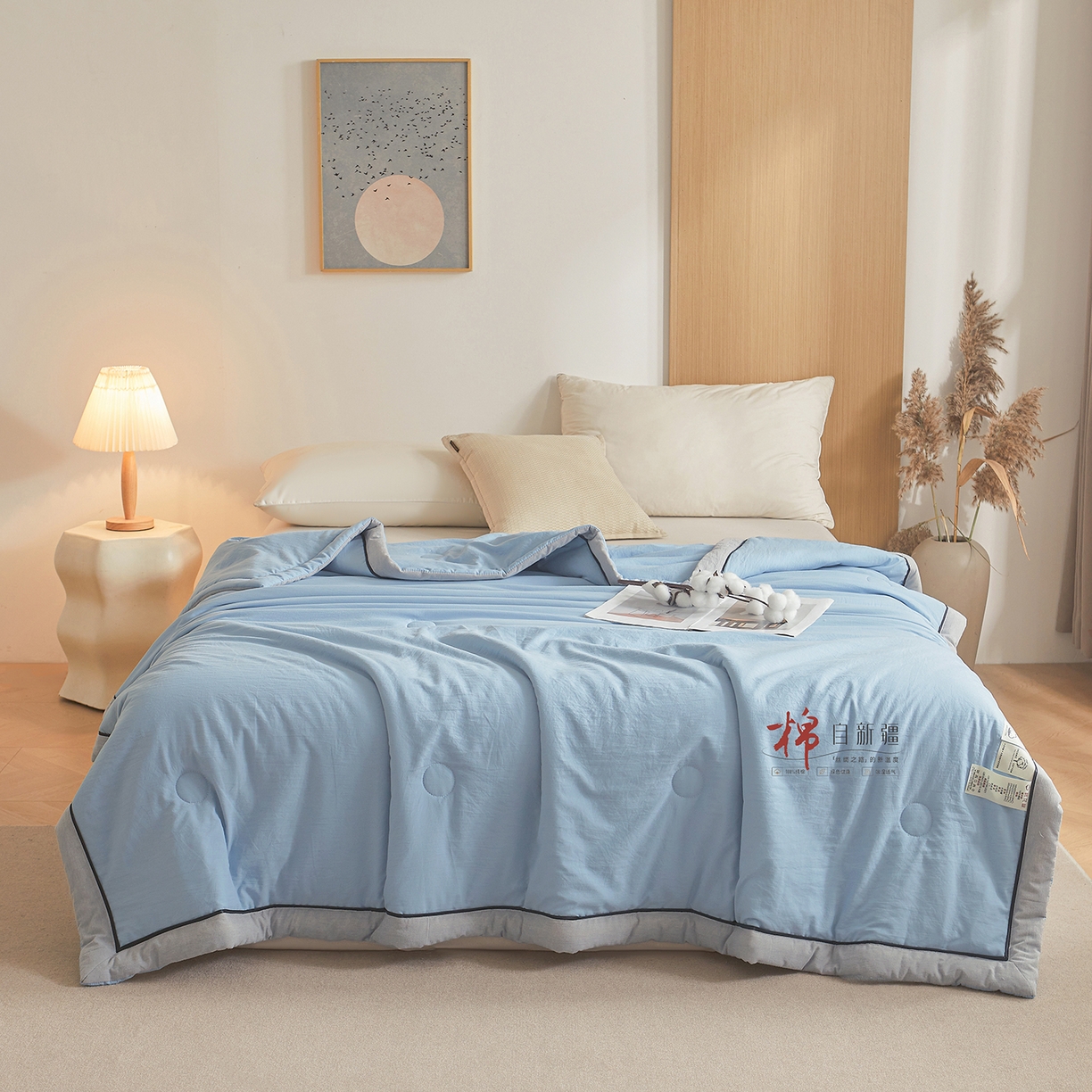 91家纺网 家纺一手货源 找家纺 创优家纺 2026新款新疆棉花夏被无印风纯色100%新疆棉夏凉被空调被棉花夏被棉花被子百分百新疆棉可水洗/可机洗棉花被（专版烫画 盗版必究） 棉朵-蓝色