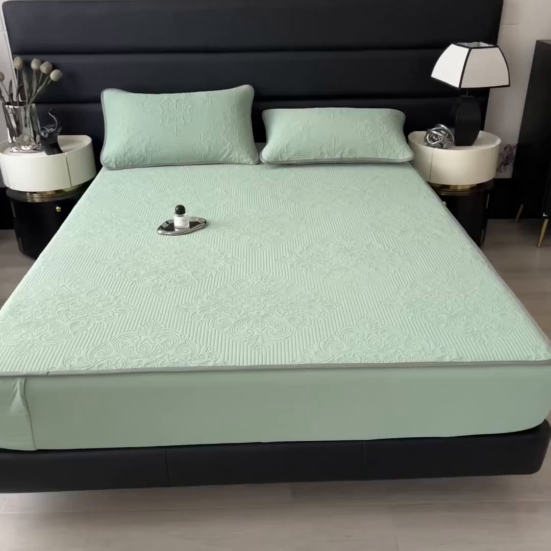 91家纺网 家纺一手货源 找家纺 乐家欣 2026新款凉感欧式夏被床笠四件套 欧式床笠-松绿