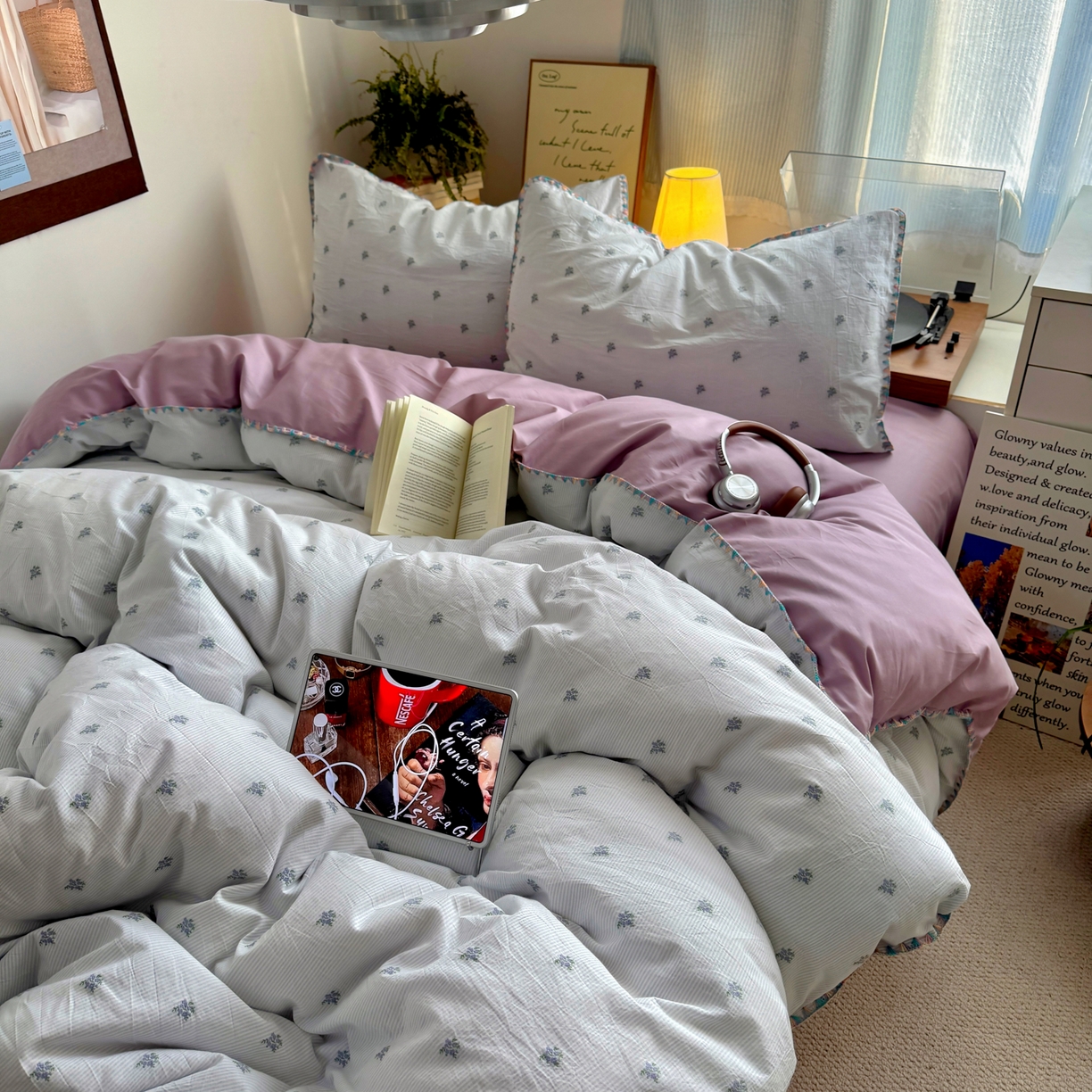 91家纺网 家纺一手货源 找家纺 田野 2026新款全棉水洗提花贝壳边四件套 紫花序