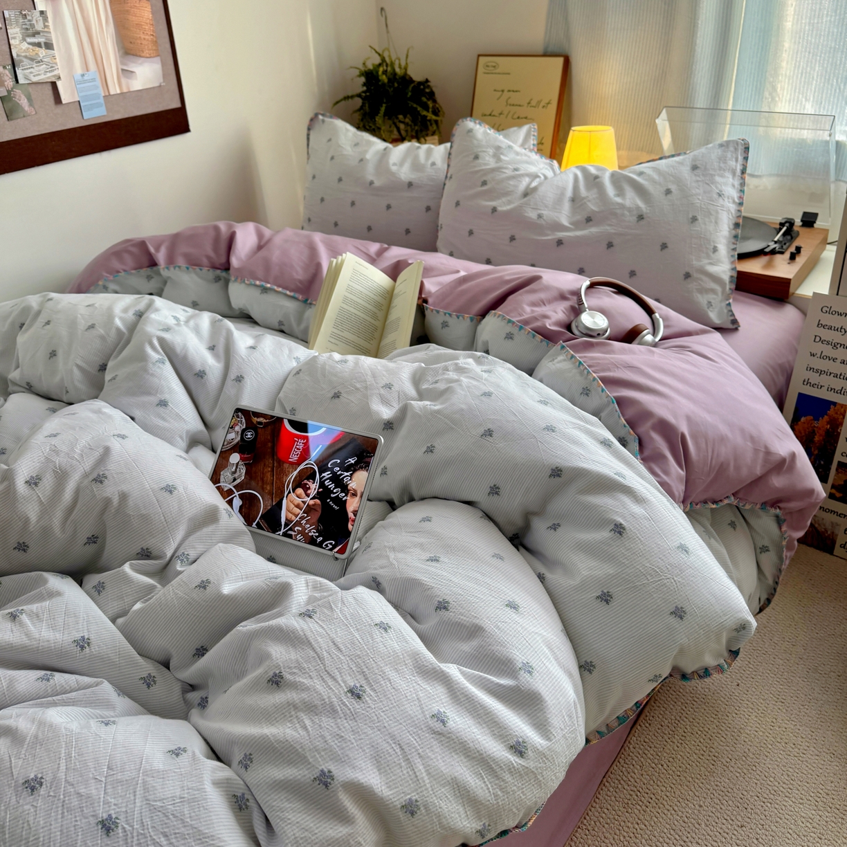 91家纺网 家纺一手货源 找家纺 田野 2026新款全棉水洗提花贝壳边四件套 紫花序