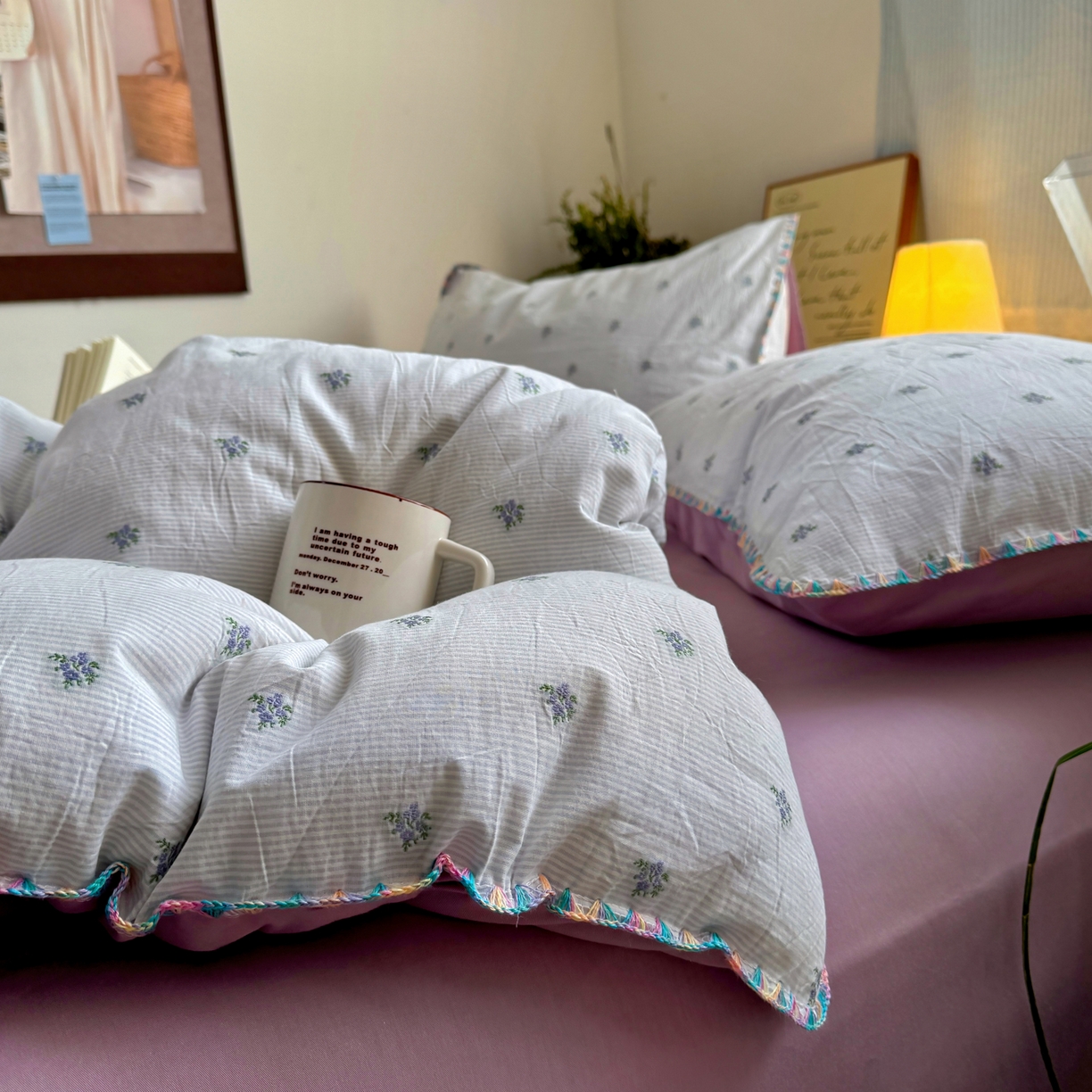 91家纺网 家纺一手货源 找家纺 田野 2026新款全棉水洗提花贝壳边四件套 紫花序