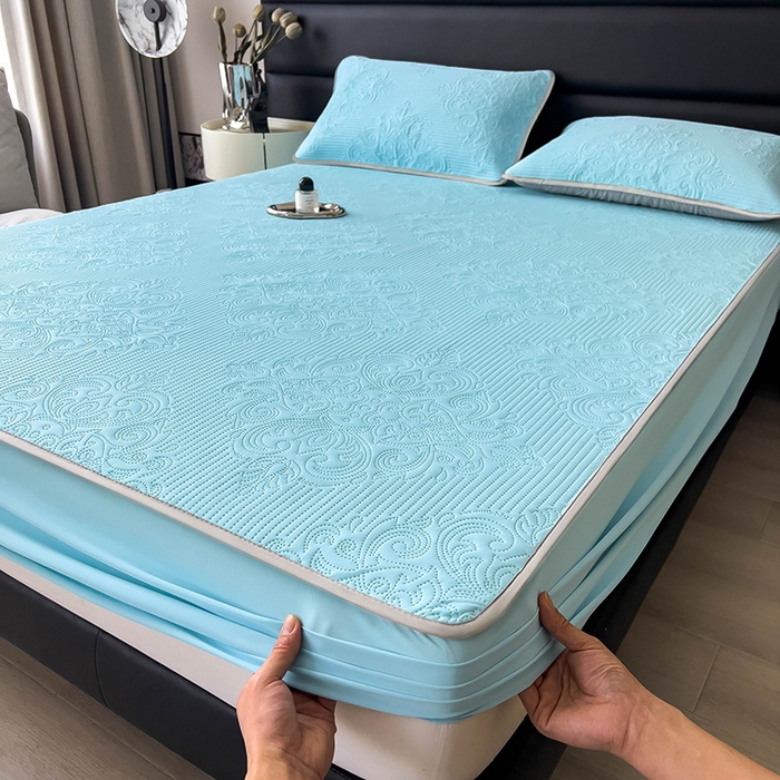 91家纺网 家纺一手货源 找家纺 乐家欣 2026新款凉感欧式夏被床笠四件套 欧式床笠-清水蓝