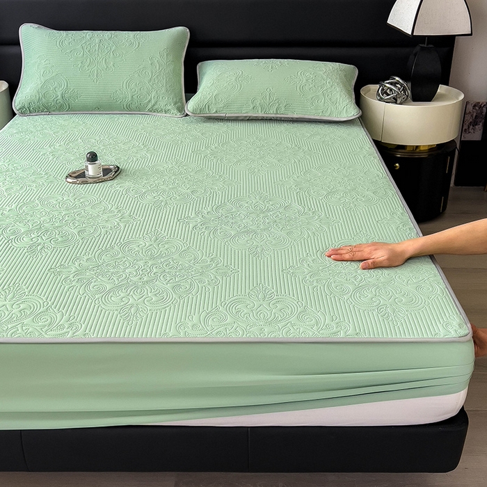 91家纺网 家纺一手货源 找家纺 乐家欣 2026新款凉感欧式夏被床笠四件套 欧式床笠-松绿