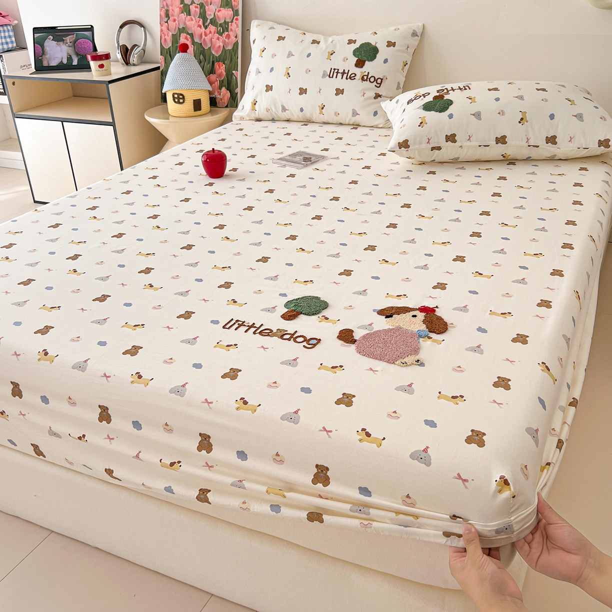 91家纺网 家纺一手货源 找家纺 舒居家纺 2026新款13070全棉纯棉毛巾绣单床笠床笠单件 奇趣缤纷