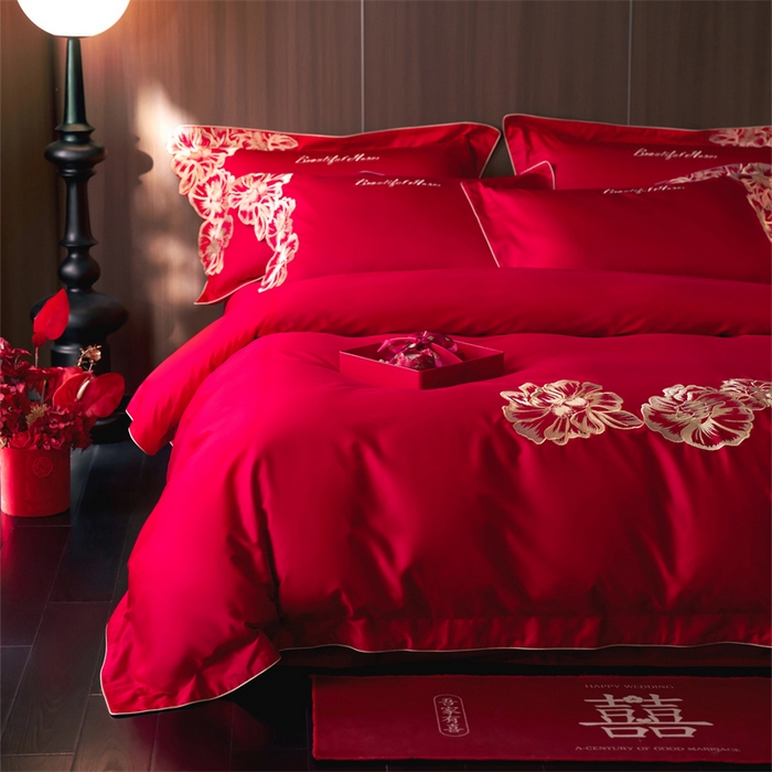 91家纺网 家纺一手货源 找家纺 （总）红翻天婚庆 2026新款全棉纯棉时尚刺绣款婚庆系列四件套多件套-绽放