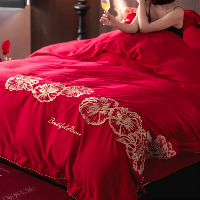 91家纺网 家纺一手货源 找家纺 （总）红翻天婚庆 2026新款全棉纯棉时尚刺绣款婚庆系列四件套多件套-绽放