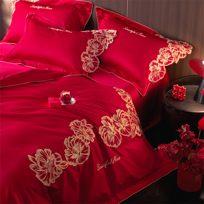 91家纺网 家纺一手货源 找家纺 （总）红翻天婚庆 2026新款全棉纯棉时尚刺绣款婚庆系列四件套多件套-绽放