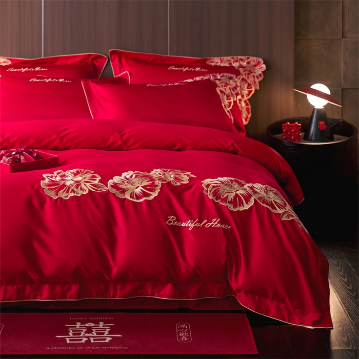 91家纺网 家纺一手货源 找家纺 （总）红翻天婚庆 2026新款全棉纯棉时尚刺绣款婚庆系列四件套多件套-绽放,绽放