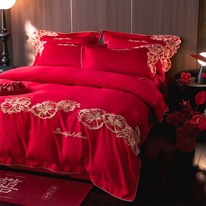 91家纺网 家纺一手货源 找家纺 （总）红翻天婚庆 2026新款全棉纯棉时尚刺绣款婚庆系列四件套多件套-绽放