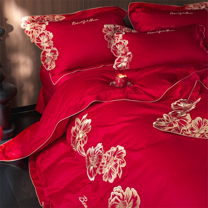91家纺网 家纺一手货源 找家纺 （总）红翻天婚庆 2026新款全棉纯棉时尚刺绣款婚庆系列四件套多件套-绽放