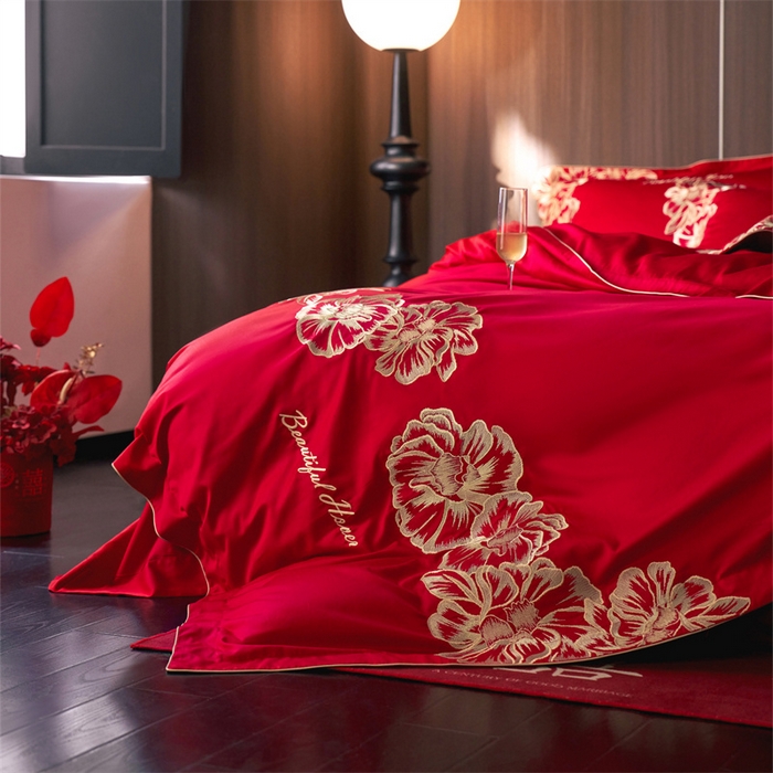 91家纺网 家纺一手货源 找家纺 （总）红翻天婚庆 2026新款全棉纯棉时尚刺绣款婚庆系列四件套多件套-绽放