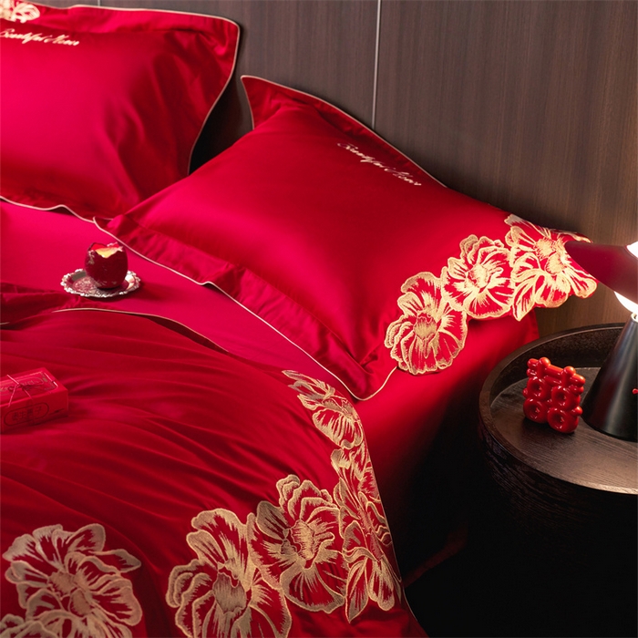 91家纺网 家纺一手货源 找家纺 （总）红翻天婚庆 2026新款全棉纯棉时尚刺绣款婚庆系列四件套多件套-绽放