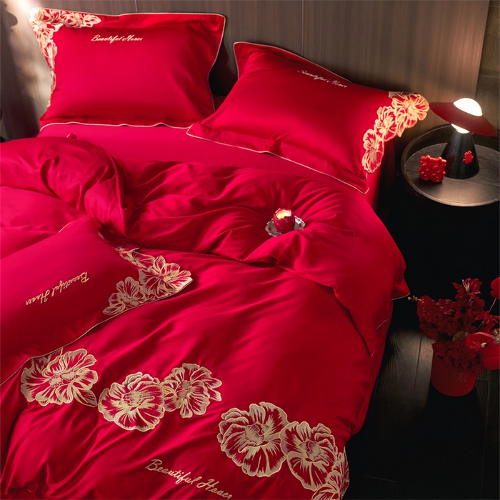 91家纺网 家纺一手货源 找家纺 （总）红翻天婚庆 2026新款全棉纯棉时尚刺绣款婚庆系列四件套多件套-绽放