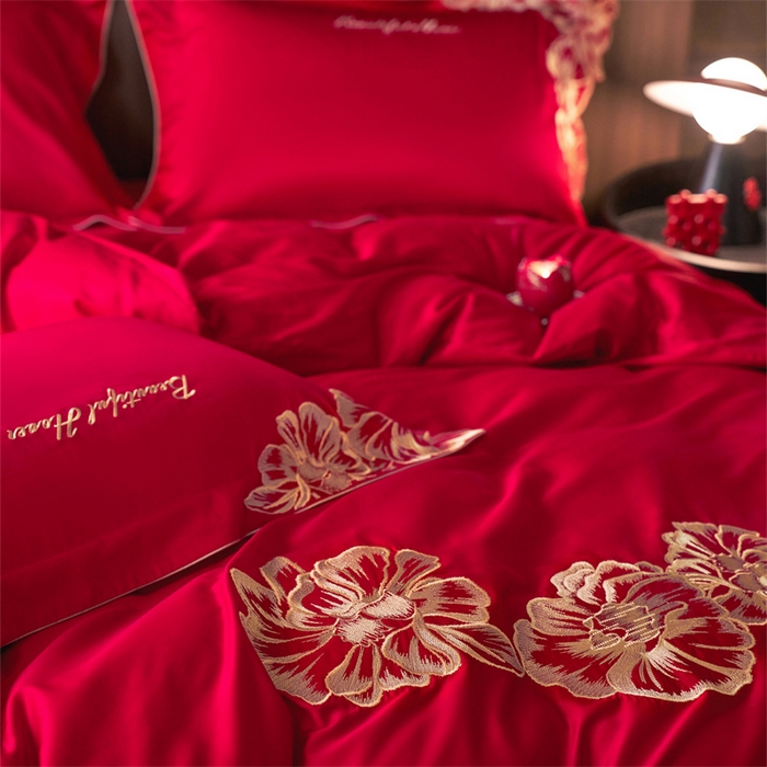 91家纺网 家纺一手货源 找家纺 （总）红翻天婚庆 2026新款全棉纯棉时尚刺绣款婚庆系列四件套多件套-绽放