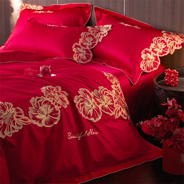 91家纺网 家纺一手货源 找家纺 （总）红翻天婚庆 2026新款全棉纯棉时尚刺绣款婚庆系列四件套多件套-绽放