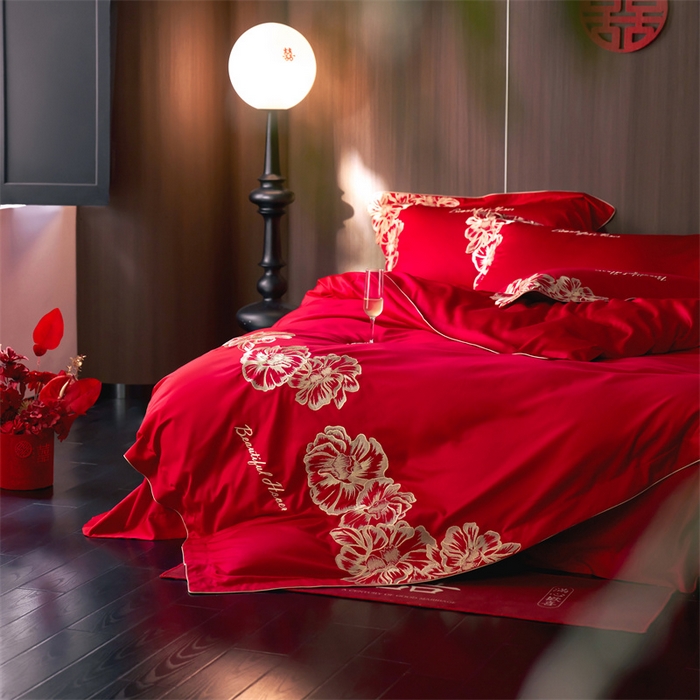 91家纺网 家纺一手货源 找家纺 （总）红翻天婚庆 2026新款全棉纯棉时尚刺绣款婚庆系列四件套多件套-绽放