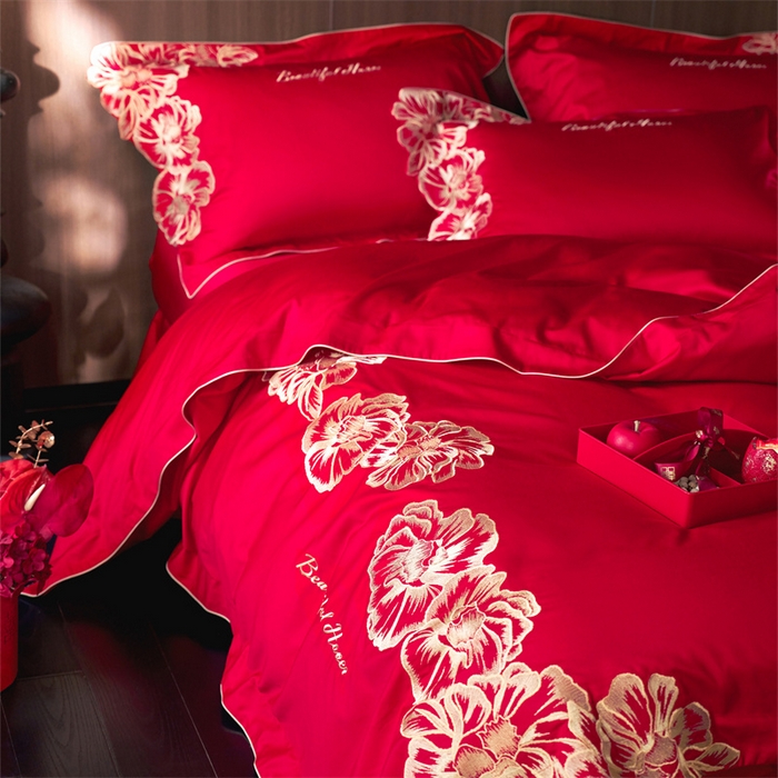 91家纺网 家纺一手货源 找家纺 （总）红翻天婚庆 2026新款全棉纯棉时尚刺绣款婚庆系列四件套多件套-绽放