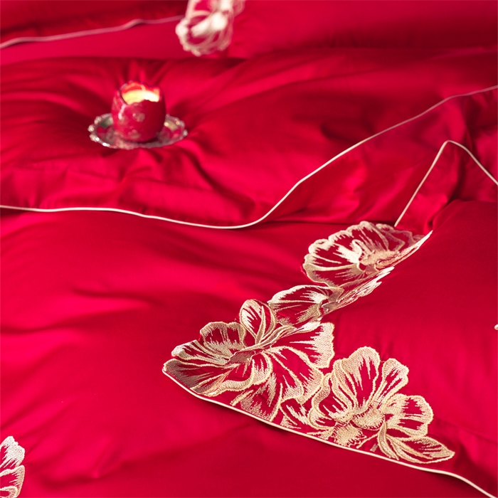 91家纺网 家纺一手货源 找家纺 （总）红翻天婚庆 2026新款全棉纯棉时尚刺绣款婚庆系列四件套多件套-绽放