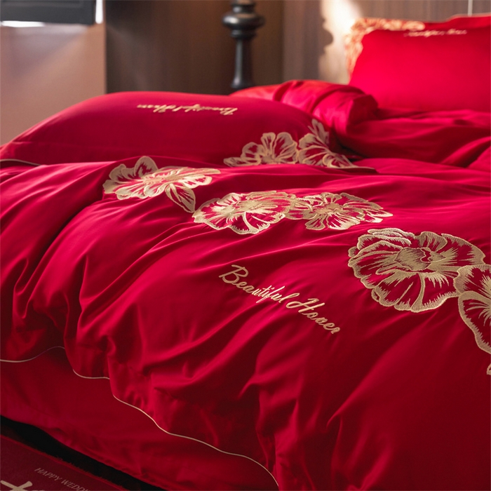 91家纺网 家纺一手货源 找家纺 （总）红翻天婚庆 2026新款全棉纯棉时尚刺绣款婚庆系列四件套多件套-绽放